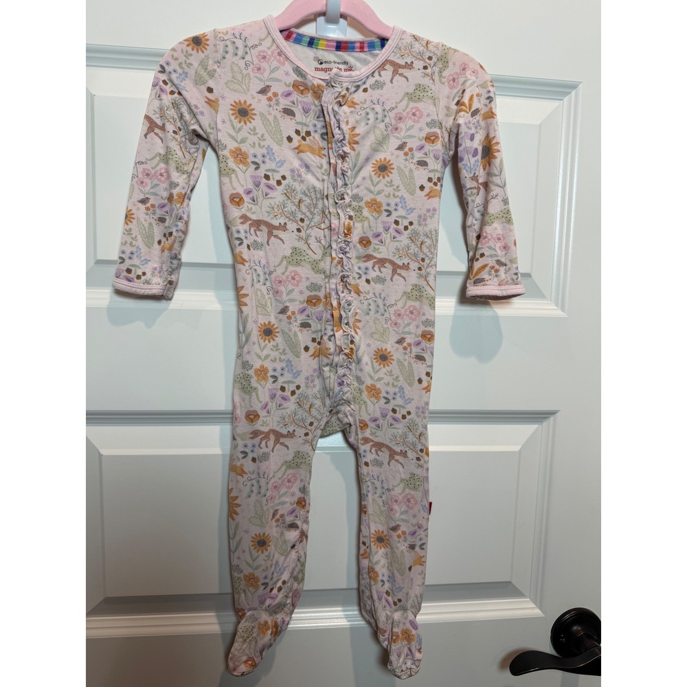 Magnetic Me Baby Girls 6-9 Months Woodland Floral Ruffle Magnetic Footie Pajama